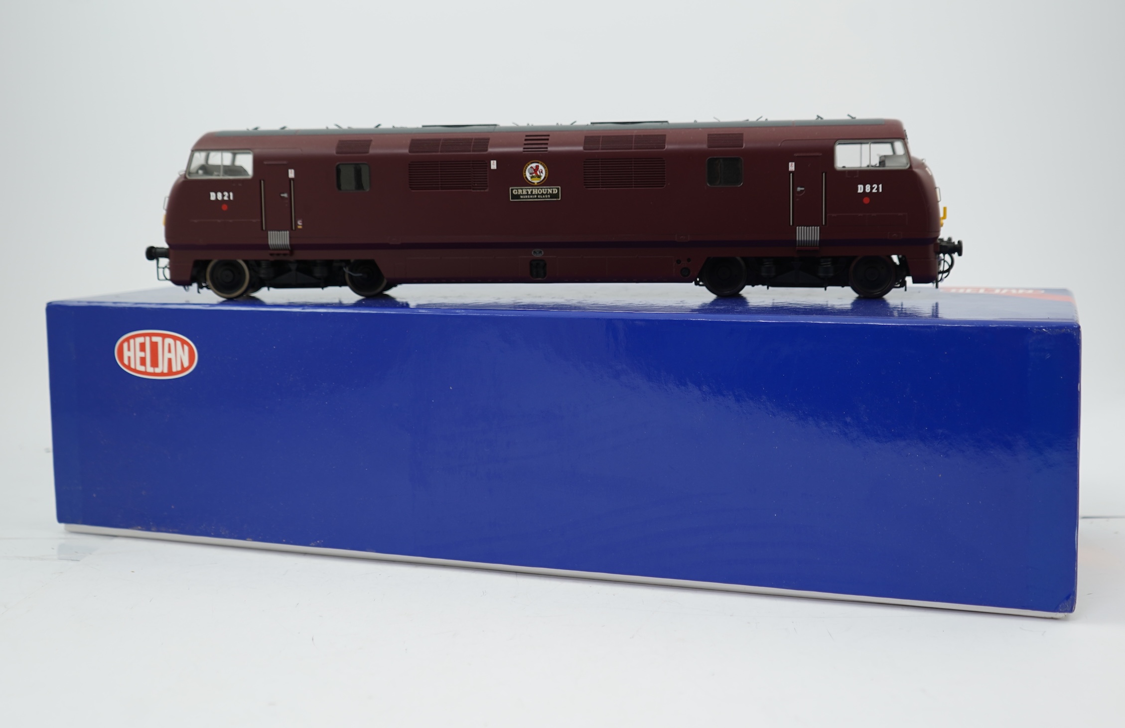 An 0 Gauge Heljan model of BR Warship Class Greyhound D821 Bo-Bo diesel hydraulic locomotive, powered for two rail operation, with original box and operating leaflet.